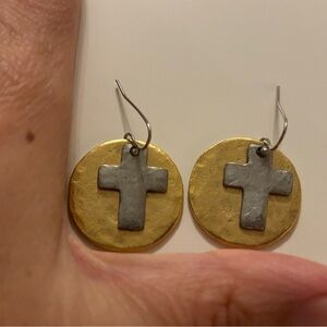 Gold and Silver Cross Disc Earrings